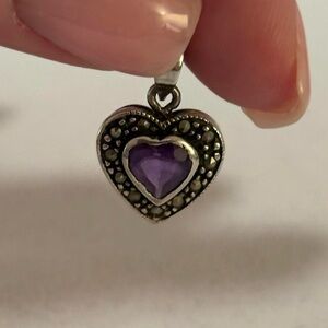 Vintage 925 Sterling Silver Purple Gem & Marcasites Mini Heart Necklace Charm